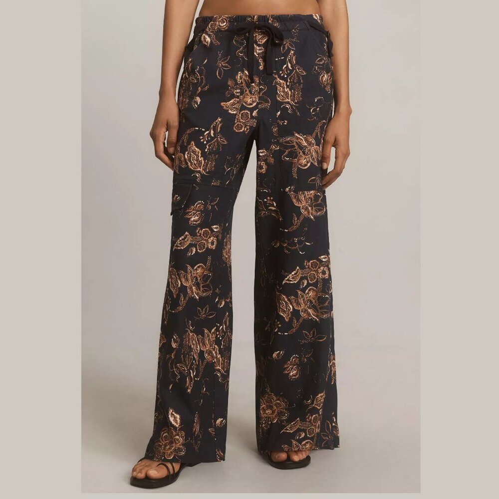 Anthropologie Pilcro Beach Cargo Linen Pants Dark Navy Blue Floral XS